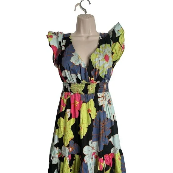 ModCloth Honolulu floral black ruffle cap sleeve tiered maxi dress Size XS NEW - Picture 10 of 14